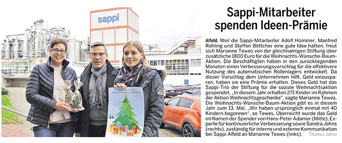 Sappi-Mitarbeiter spenden Ideen-Prämie